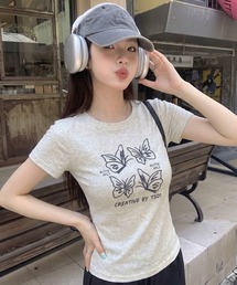 バタフライグラフィックコンパクト半袖チビTシャツ