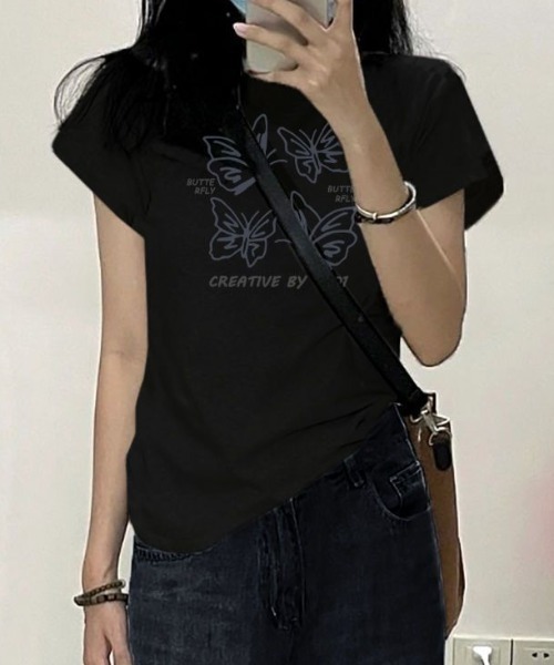 AVYL(アヴィル)の「バタフライグラフィックコンパクト半袖チビTシャツ(Tシャツ/カットソー・レディース・ブラック/ライトグレー/ホワイト・M)」の9枚目の写真