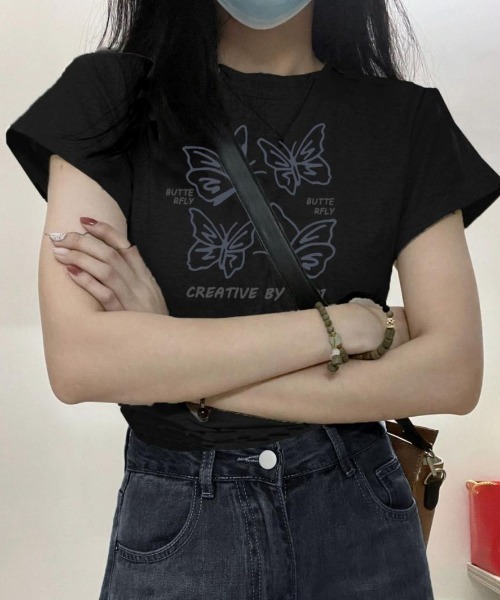 AVYL(アヴィル)の「バタフライグラフィックコンパクト半袖チビTシャツ(Tシャツ/カットソー・レディース・ブラック/ライトグレー/ホワイト・M)」の10枚目の写真