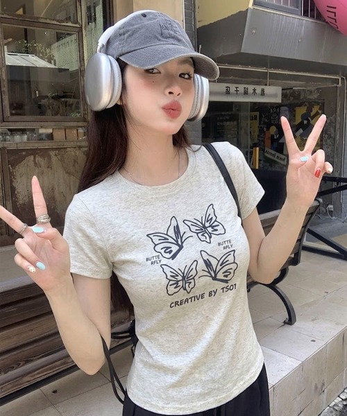AVYL(アヴィル)の「バタフライグラフィックコンパクト半袖チビTシャツ(Tシャツ/カットソー・レディース・ブラック/ライトグレー/ホワイト・M)」の13枚目の写真
