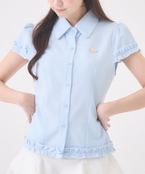 Rmine(アールマイン)の「フリル スリーブ ギンガムチェック シャツ トップス(半袖)(シャツ/ブラウス・レディース・ブラック/ブルー/レッド・FREE)」の3枚目の写真