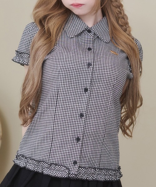 Rmine(アールマイン)の「フリル スリーブ ギンガムチェック シャツ トップス(半袖)(シャツ/ブラウス・レディース・ブラック/ブルー/レッド・FREE)」の2枚目の写真