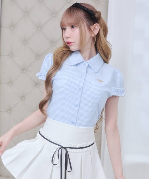 Rmine(アールマイン)の「フリル スリーブ ギンガムチェック シャツ トップス(半袖)(シャツ/ブラウス・レディース・ブラック/ブルー/レッド・FREE)」の16枚目の写真