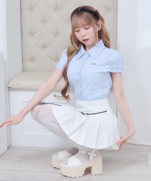 Rmine(アールマイン)の「フリル スリーブ ギンガムチェック シャツ トップス(半袖)(シャツ/ブラウス・レディース・ブラック/ブルー/レッド・FREE)」の18枚目の写真