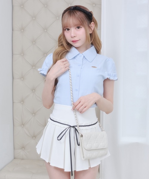Rmine(アールマイン)の「フリル スリーブ ギンガムチェック シャツ トップス(半袖)(シャツ/ブラウス・レディース・ブラック/ブルー/レッド・FREE)」の17枚目の写真