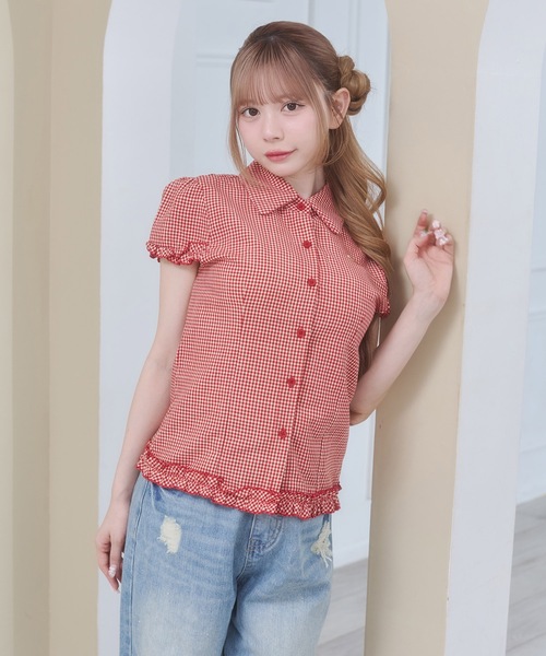 Rmine(アールマイン)の「フリル スリーブ ギンガムチェック シャツ トップス(半袖)(シャツ/ブラウス・レディース・ブラック/ブルー/レッド・FREE)」の13枚目の写真