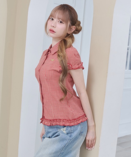 Rmine(アールマイン)の「フリル スリーブ ギンガムチェック シャツ トップス(半袖)(シャツ/ブラウス・レディース・ブラック/ブルー/レッド・FREE)」の15枚目の写真