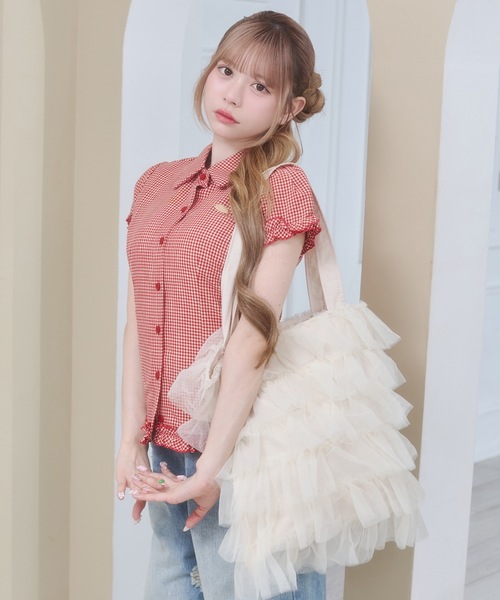 Rmine(アールマイン)の「フリル スリーブ ギンガムチェック シャツ トップス(半袖)(シャツ/ブラウス・レディース・ブラック/ブルー/レッド・FREE)」の5枚目の写真