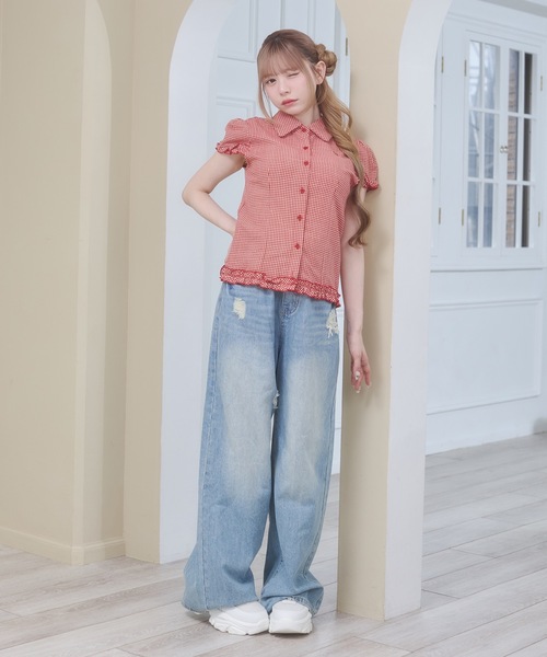 Rmine(アールマイン)の「フリル スリーブ ギンガムチェック シャツ トップス(半袖)(シャツ/ブラウス・レディース・ブラック/ブルー/レッド・FREE)」の6枚目の写真