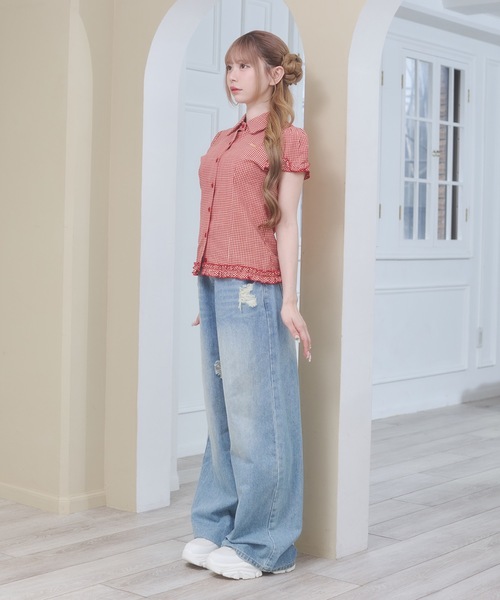 Rmine(アールマイン)の「フリル スリーブ ギンガムチェック シャツ トップス(半袖)(シャツ/ブラウス・レディース・ブラック/ブルー/レッド・FREE)」の8枚目の写真