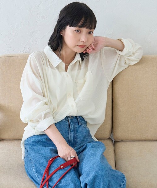 coen(コーエン)の「シアーメッシュ フロッキーストライプレギュラーカラーシャツ(シャツ/ブラウス・レディース・ブラック/オフホワイト/ダークブラウン・FREE)」の8枚目の写真