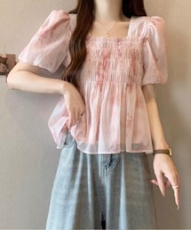 小花柄 パフスリーブ シフォン 半袖ブラウス