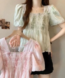 小花柄 パフスリーブ シフォン 半袖ブラウス