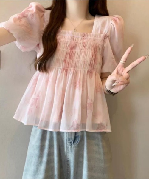 AMAJI(アマジ)の「小花柄 パフスリーブ シフォン 半袖ブラウス(シャツ/ブラウス・レディース・ライトグリーン/ライトピンク・SMALL/MEDIUM/LARGE/X-LARGE)」の3枚目の写真