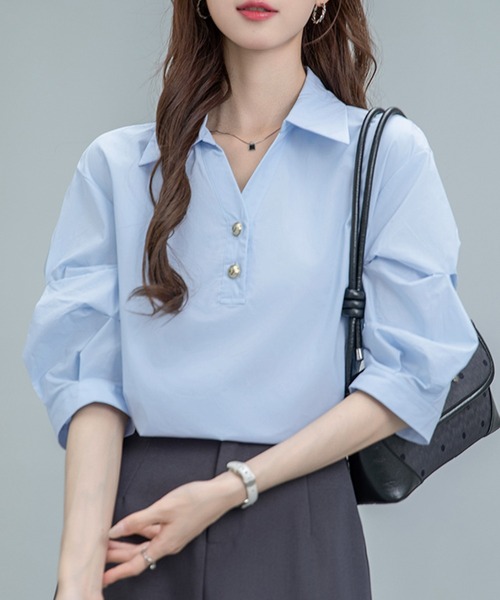 MILAE（ミレ）の「ボリュームスリーブスキッパーブラウス（シャツ/ブラウス・レディース・ブルー/ホワイト・L/M/S）」の2枚目の写真