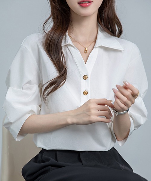 MILAE（ミレ）の「ボリュームスリーブスキッパーブラウス（シャツ/ブラウス・レディース・ブルー/ホワイト・L/M/S）」の3枚目の写真