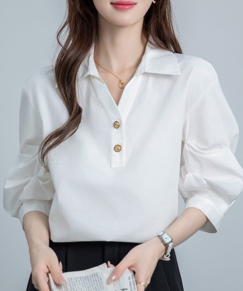 MILAE（ミレ）の「ボリュームスリーブスキッパーブラウス（シャツ/ブラウス・レディース・ブルー/ホワイト・L/M/S）」の4枚目の写真