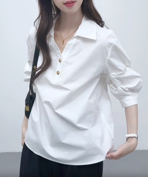 MILAE（ミレ）の「ボリュームスリーブスキッパーブラウス（シャツ/ブラウス・レディース・ブルー/ホワイト・L/M/S）」の6枚目の写真