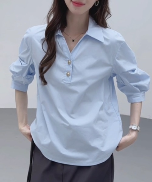 MILAE（ミレ）の「ボリュームスリーブスキッパーブラウス（シャツ/ブラウス・レディース・ブルー/ホワイト・L/M/S）」の11枚目の写真