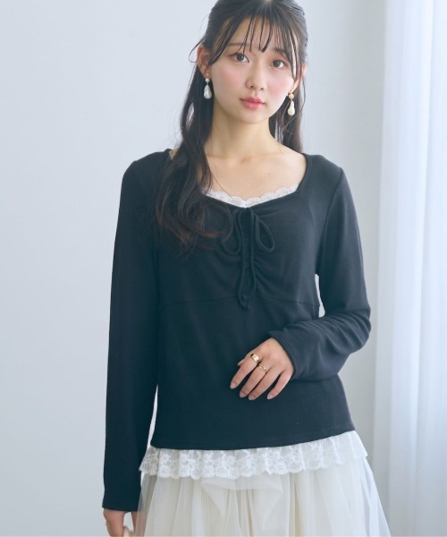 marun(マルン)の「<大きいサイズ>レースアソートドロストカットソートップス marun(Tシャツ/カットソー・レディース・ブラック/ピンク・5L/4L/3L/LL/L)」の1枚目の写真