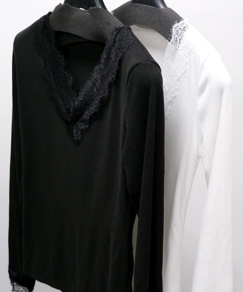 CLOTHY(クロシィ)の「【繊細レースで、いつものコーデを少しだけ特別に】テレコ レースネック リブカットソー 長袖トップス 秋服(Tシャツ/カットソー・レディース・ブラック/オフホワイト・FREE)」の13枚目の写真