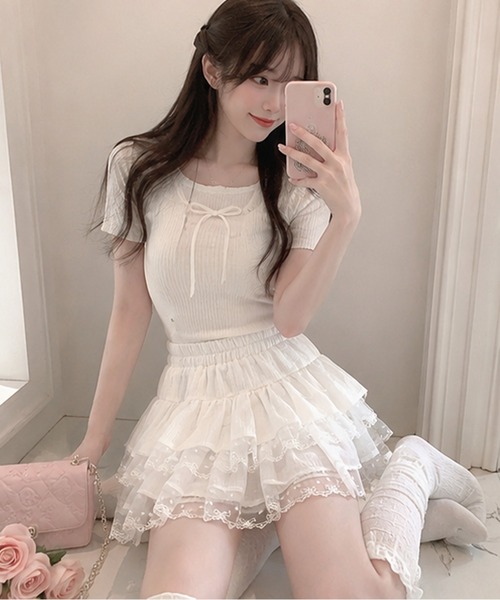 Nia(ニア)の「Nia(ニア)/レースチュールティアードミニスカート(スカート・レディース・ブラック/ホワイト・MEDIUM/SMALL)」の1枚目の写真