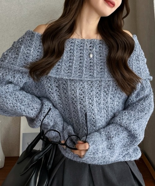 Eclat one（エクラワン）の「【Eclat one】折り返しオフショル風 透かし編み ニット トップス（ニット/セーター・レディース・グレー/アイボリー/ベージュ・FREE）」の12枚目の写真