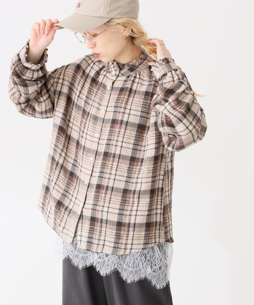 HEART MARKET（ハートマーケット）の「襟フリルチェックブラウス（シャツ/ブラウス・レディース・ベージュ/グリーン/パープル/ブラウン/ナチュラル・FREE）」の3枚目の写真