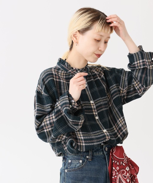 HEART MARKET（ハートマーケット）の「襟フリルチェックブラウス（シャツ/ブラウス・レディース・ベージュ/グリーン/パープル/ブラウン/ナチュラル・FREE）」の4枚目の写真