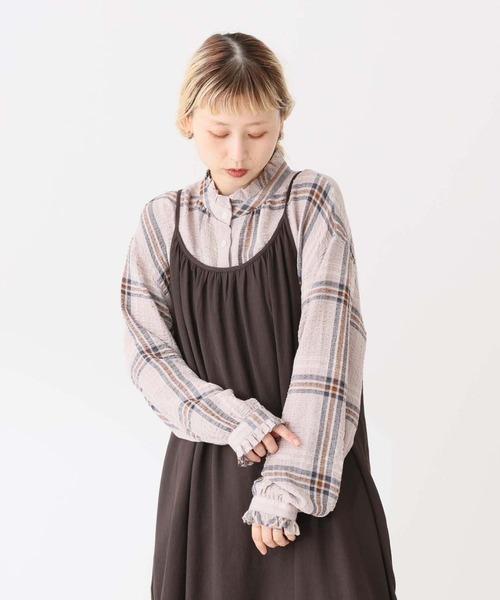 HEART MARKET（ハートマーケット）の「襟フリルチェックブラウス（シャツ/ブラウス・レディース・ベージュ/グリーン/パープル/ブラウン/ナチュラル・FREE）」の6枚目の写真