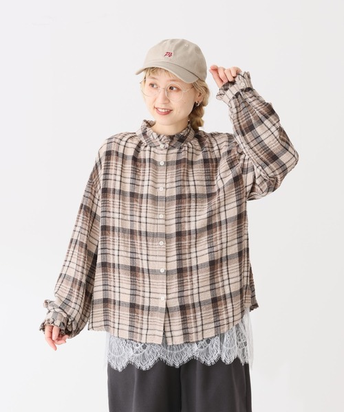 HEART MARKET（ハートマーケット）の「襟フリルチェックブラウス（シャツ/ブラウス・レディース・ベージュ/グリーン/パープル/ブラウン/ナチュラル・FREE）」の9枚目の写真