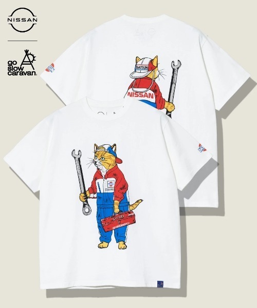 go slow caravan(ゴースローキャラバン)の「NISSAN × gsc USA/C RALLYメカニック猫Tシャツ(Tシャツ/カットソー・メンズ・ホワイト/ブラック・X-LARGE/LARGE/MEDIUM)」の1枚目の写真