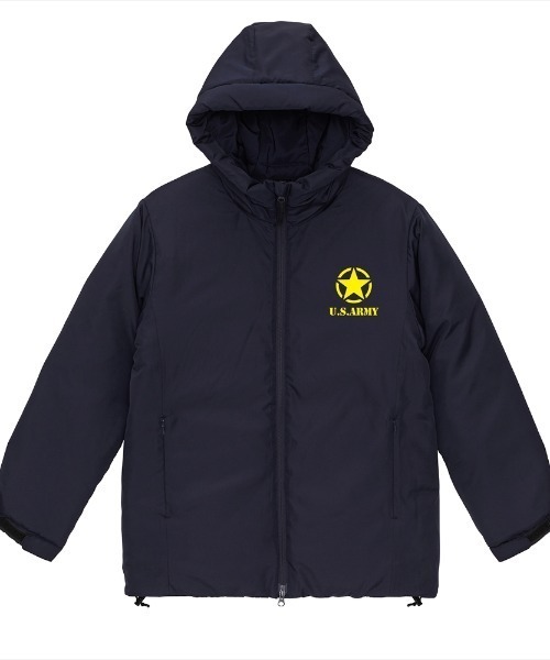 Ol' Basics（オールベーシックス）の「Ol' Basics（オール・ベーシックス） フェイクダウンジャケット 中綿 フード付き U.S.ARMY ロゴプリント シームレス 中綿ジャケット パデッドジャケット アウター アメカジ ミリタリー メンズ レディース ユニセックス（ダウンジャケット/コート・メンズ・ネイビー/ブラック・M/L/XL）」の2枚目の写真