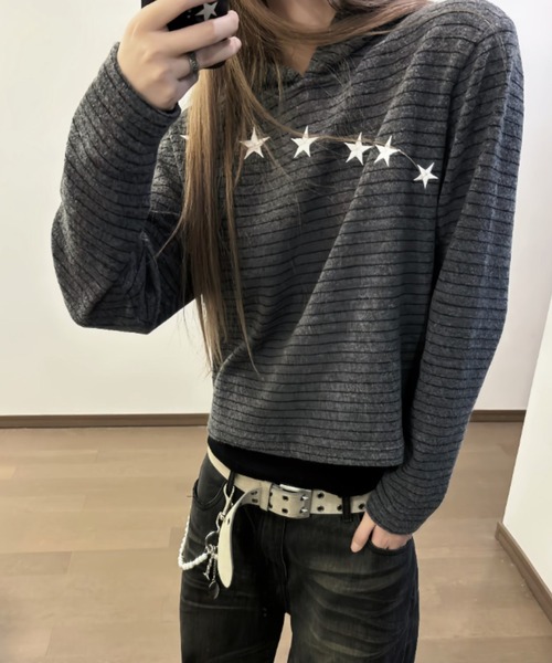 FreeZone(フリーゾーン)の「星刺繍 ボーダーパーカー(パーカー・レディース・ブラック・F)」の17枚目の写真