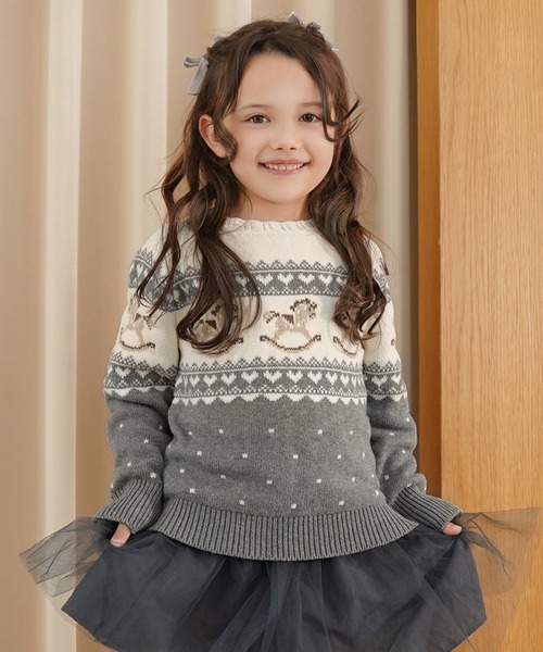 le reve vaniller(ル レーヴ ヴァニレ)の「vaniller kids 木馬柄 ノルディック ニット le reve vaniller(ニット/セーター・レディース・サックスブルー/ピンク/チャコール・L(110-120cm)/M(90-100))」の1枚目の写真