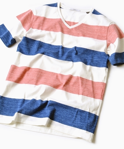 SHIPS(シップス)の「SC: "MADE IN JAPAN" マルチ ワイドボーダー Vネック Tシャツ■(Tシャツ/カットソー・メンズ・ピンク/キャメル/チャコールグレー/ヘザーグレー/ブルー系その他/ロイヤルブルー/オレンジ系その他/ネイビー/ピンク系その他/レッド系その他・SMALL/LARGE/X-LARGE/MEDIUM)」の1枚目の写真