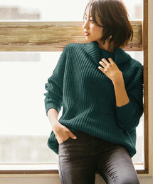 ゆったり畦編み肉厚タートルネックニット ミドル丈