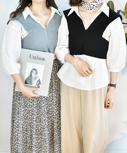 PairPair（ペアペア）の「ニットビスチェ×シャツSET（シャツ/ブラウス・レディース・ブラック/ライトグレー/ブルー・FREE）」の2枚目の写真