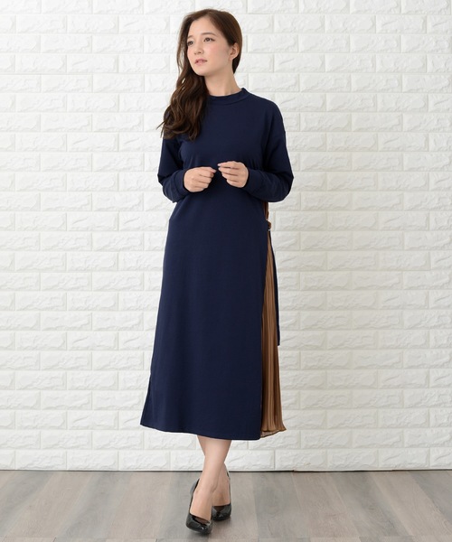 Lace Ladies(レースレディース)の「ラウンドネック サイドプリーツ切り替え Aラインワンピース(ワンピース・レディース・ベージュ/ブラウン/グレー/カーキ/ワインレッド/ブラック系その他/ネイビー系1/ライトグレー系・M/L)」の5枚目の写真