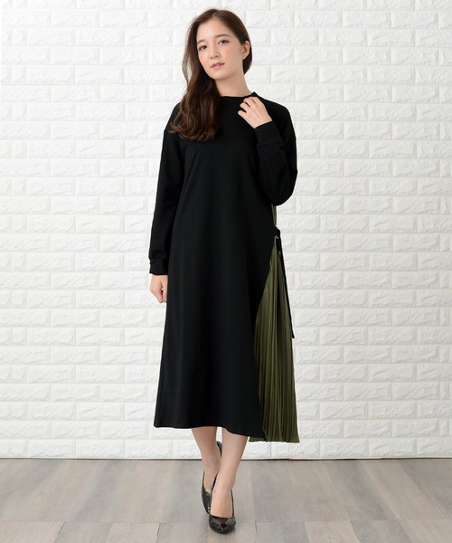 Lace Ladies(レースレディース)の「ラウンドネック サイドプリーツ切り替え Aラインワンピース(ワンピース・レディース・ベージュ/ブラウン/グレー/カーキ/ワインレッド/ブラック系その他/ネイビー系1/ライトグレー系・M/L)」の6枚目の写真