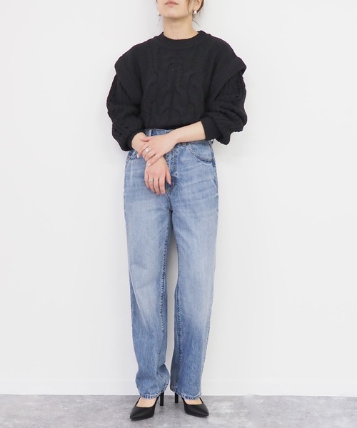 Riberry(リベリー)の「レイヤード風ケーブルニット(ニット/セーター・レディース・オフホワイト/ブラック/ベージュ/ダークパープル/ライラック・MEDIUM)」の1枚目の写真