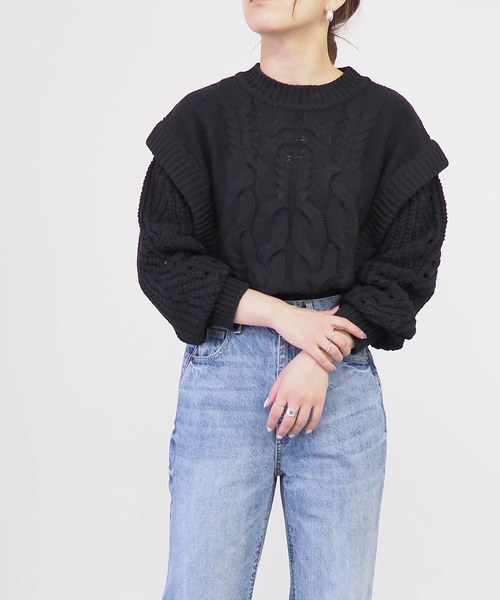 Riberry(リベリー)の「レイヤード風ケーブルニット(ニット/セーター・レディース・オフホワイト/ブラック/ベージュ/ダークパープル/ライラック・MEDIUM)」の16枚目の写真