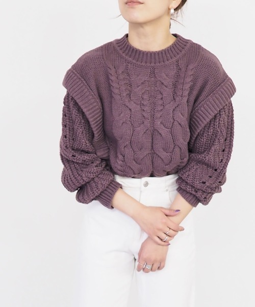 Riberry(リベリー)の「レイヤード風ケーブルニット(ニット/セーター・レディース・オフホワイト/ブラック/ベージュ/ダークパープル/ライラック・MEDIUM)」の8枚目の写真