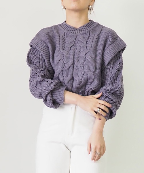 Riberry(リベリー)の「レイヤード風ケーブルニット(ニット/セーター・レディース・オフホワイト/ブラック/ベージュ/ダークパープル/ライラック・MEDIUM)」の21枚目の写真