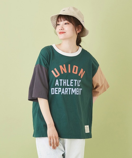 CUBE SUGAR（キューブシュガー）の「OE天竺 ハードウォッシュ カレッジプリントＴシャツ（Tシャツ/カットソー・レディース・グリーン/チャコールグレー/ベージュ/マルチ/ホワイト・M）」の5枚目の写真