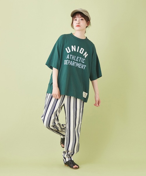 CUBE SUGAR（キューブシュガー）の「OE天竺 ハードウォッシュ カレッジプリントＴシャツ（Tシャツ/カットソー・レディース・グリーン/チャコールグレー/ベージュ/マルチ/ホワイト・M）」の7枚目の写真