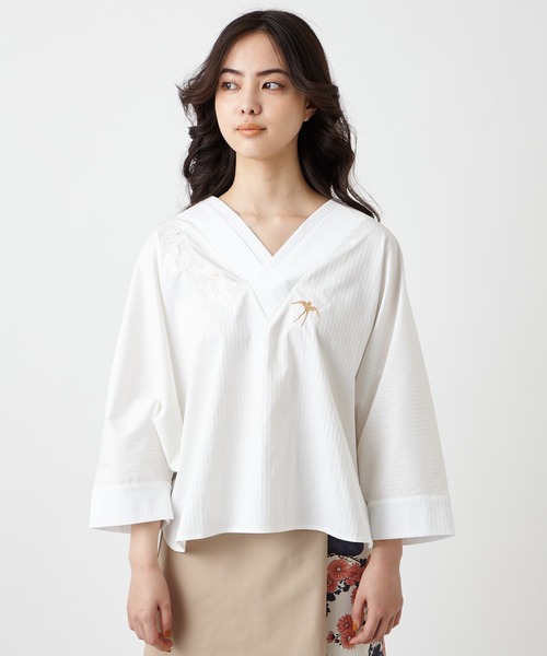 ふりふ（フリフ）の「【キクマツバメ・花天井】刺繍着物衿ブラウス（シャツ/ブラウス・レディース・ホワイト/ネイビー/アイボリー/グレイッシュブルー・FREE）」の17枚目の写真