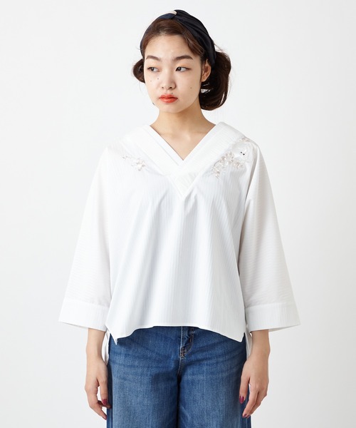 ふりふ（フリフ）の「【キクマツバメ・花天井】刺繍着物衿ブラウス（シャツ/ブラウス・レディース・ホワイト/ネイビー/アイボリー/グレイッシュブルー・FREE）」の19枚目の写真