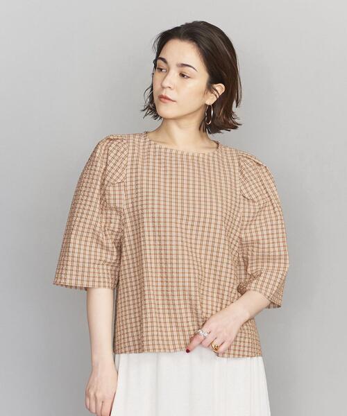 BEAUTY&YOUTH UNITED ARROWS(ビューティーアンドユースユナイテッドアローズ)の「BY チェックパフスリーブコンパクト6分袖ブラウス -ウォッシャブル-(シャツ/ブラウス・レディース・ライラック/オレンジ・FREE)」の13枚目の写真