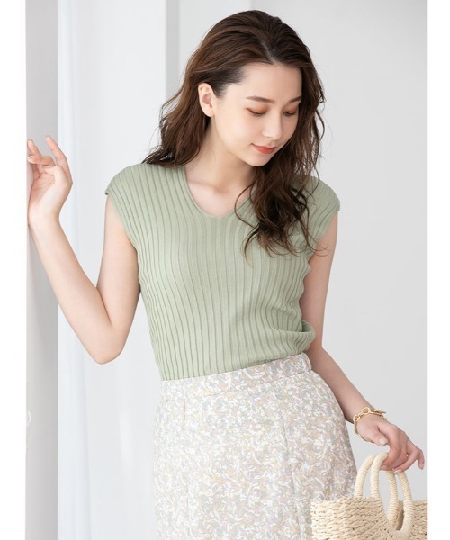 ニット セーター フレンチスリーブVネックリブトップス / アイボリー レディース andme tシャツ ニットソーフレンチスリーブVネックトップス